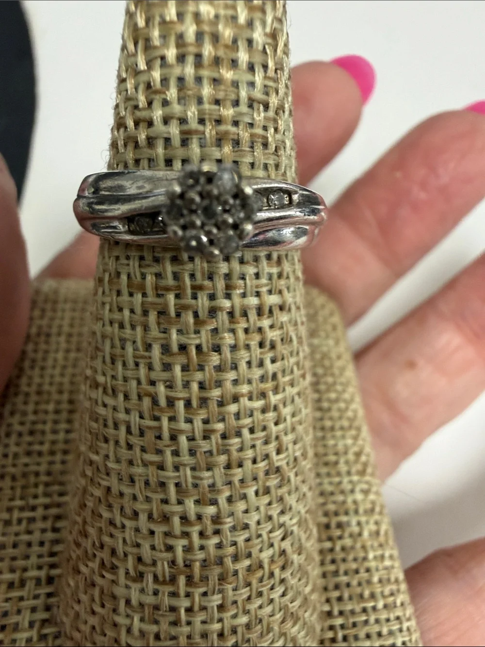 Sterling Silver Cluster Flower Ring  with diamonds , size 6